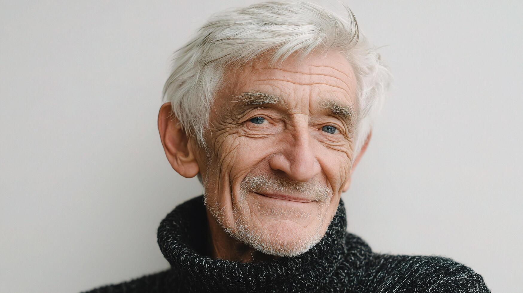An older man with white hair and a black sweater photo