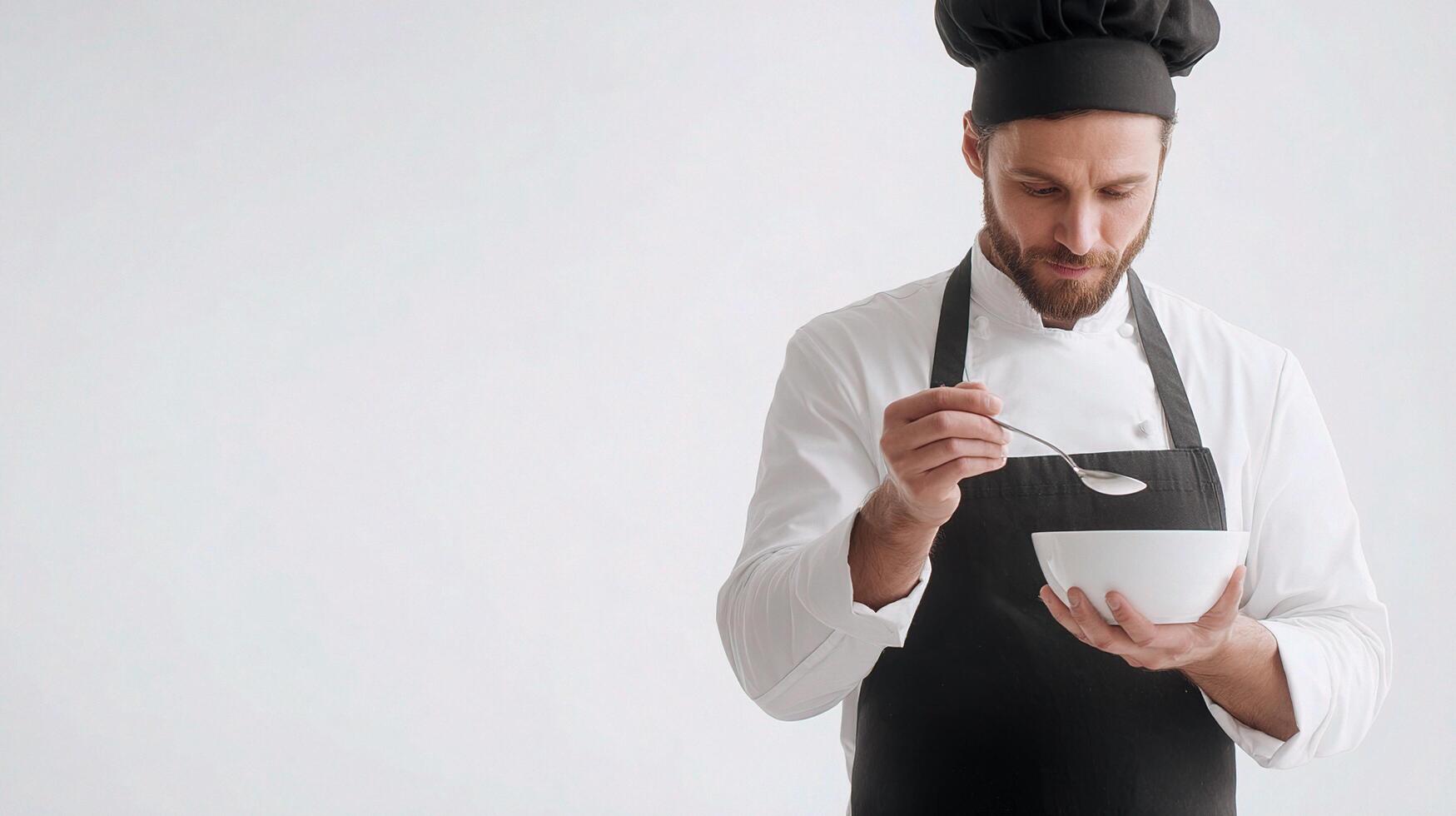 A man in a chef hat is holding a bowl of food photo