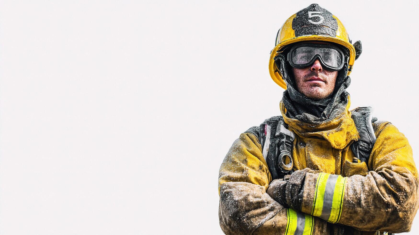 A firefighter in a yellow uniform and helmet photo
