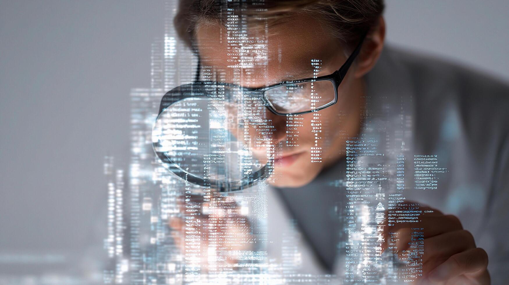 A man in glasses looking through a magnifying glass photo