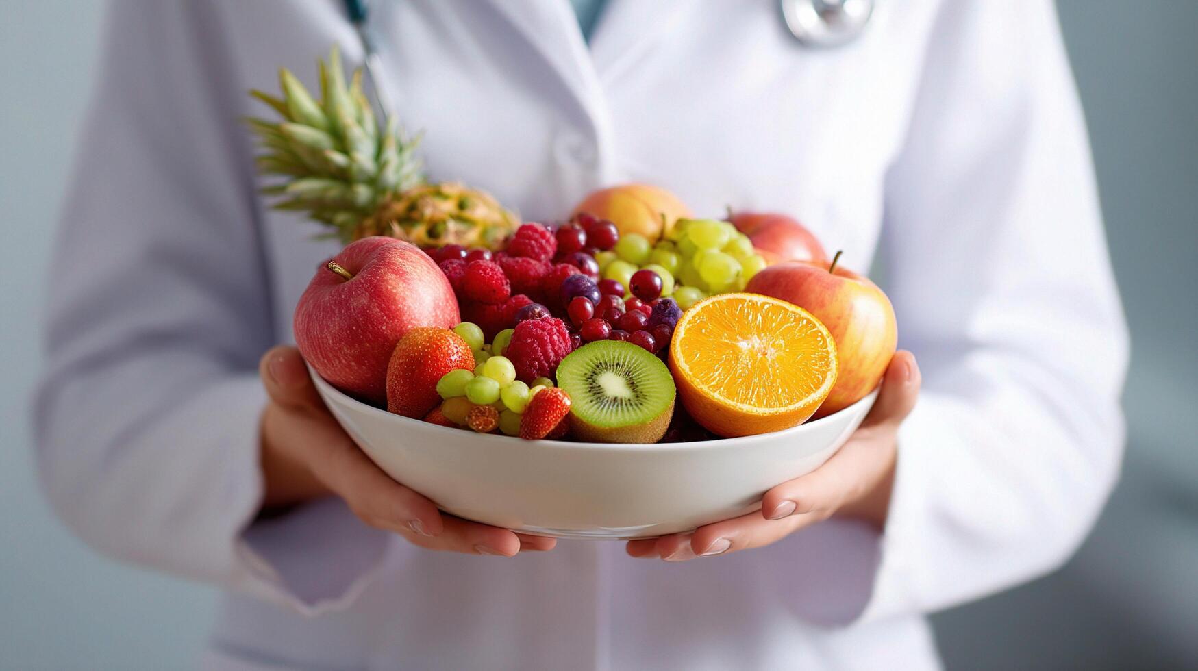 A doctor holding a bowl of fruit photo