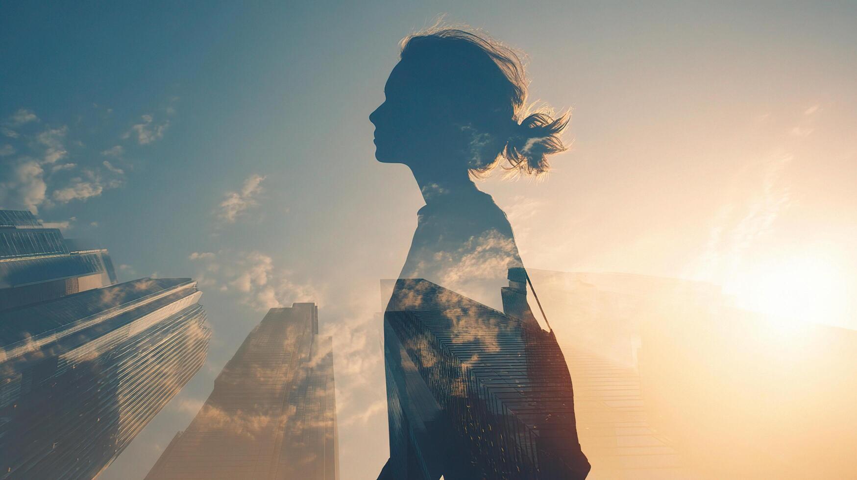 Double exposure of a woman in front of skyscrapers photo