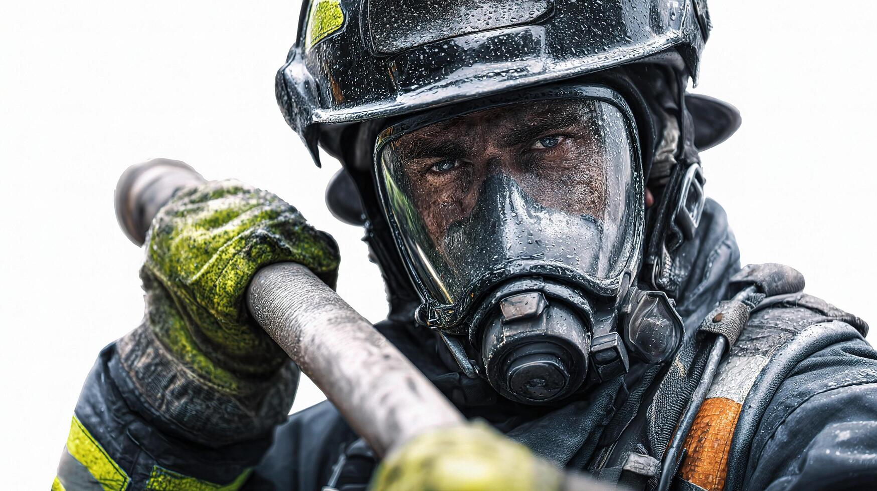A firefighter wearing a gas mask and holding a large stick photo