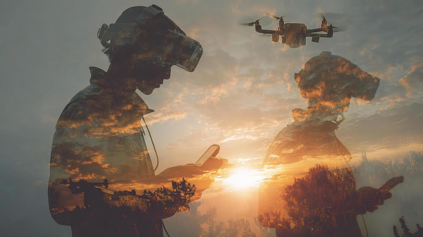 Two people standing in front of a sunset with a drone photo