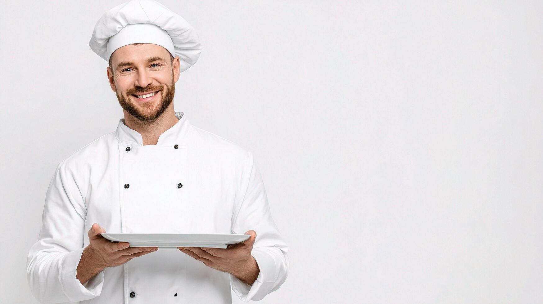 A smiling man in a chef hat holding a plate photo