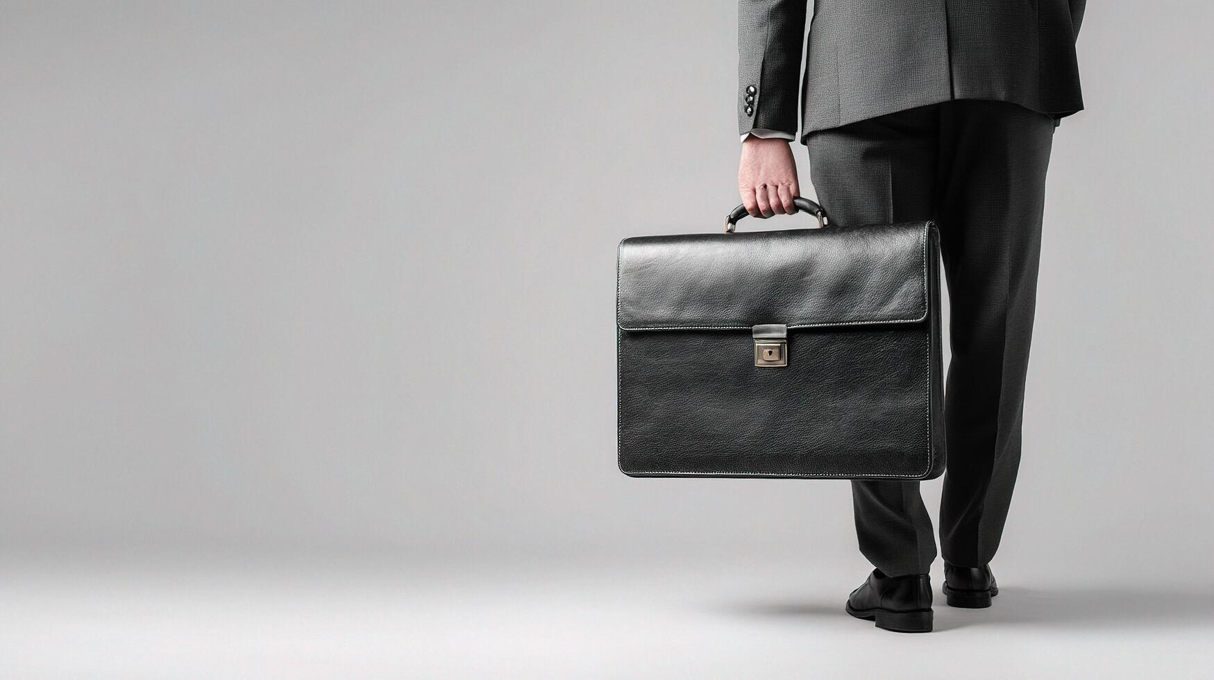 Businessman with briefcase on gray background photo