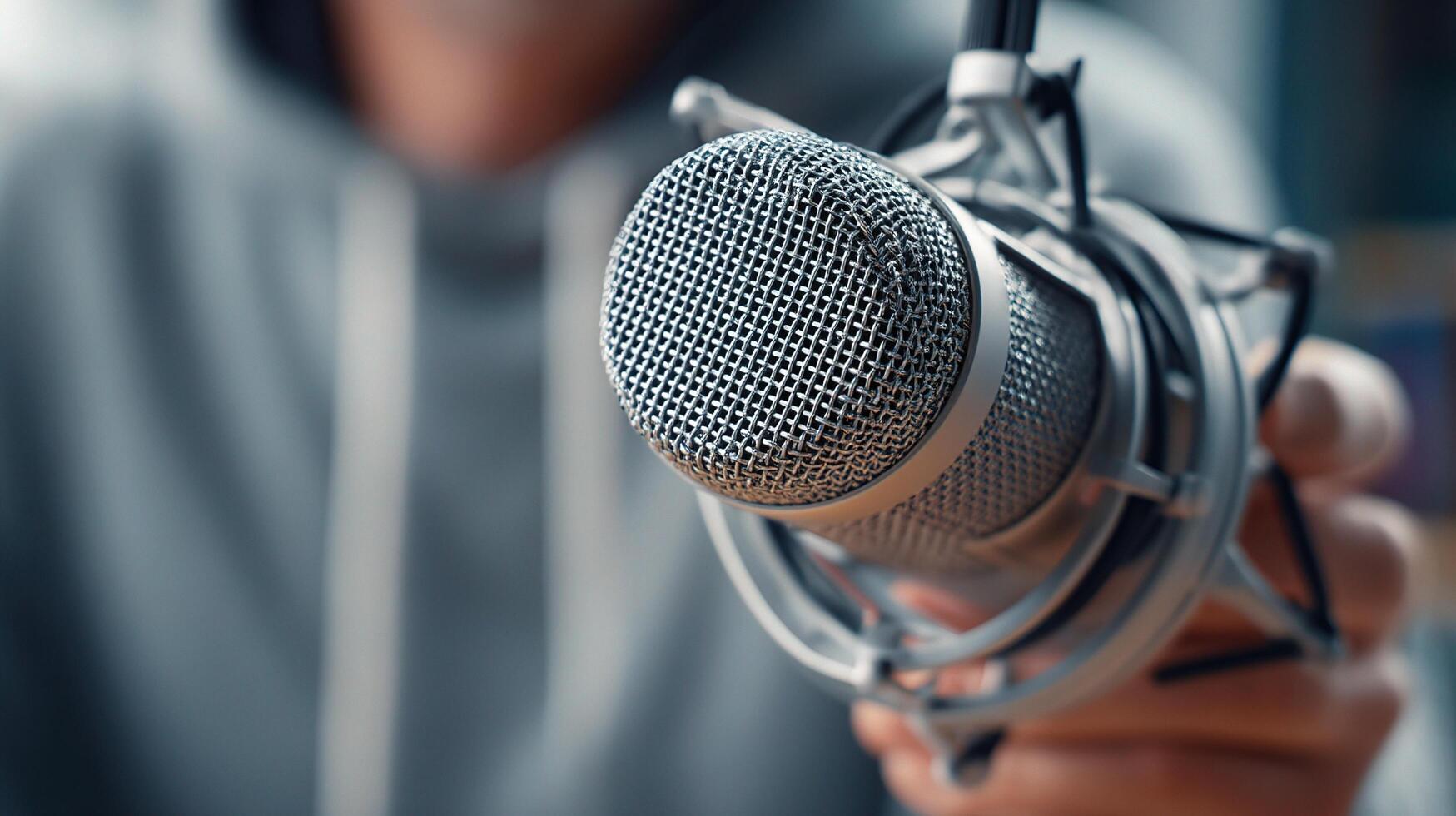 A person holding a microphone in front of a camera photo