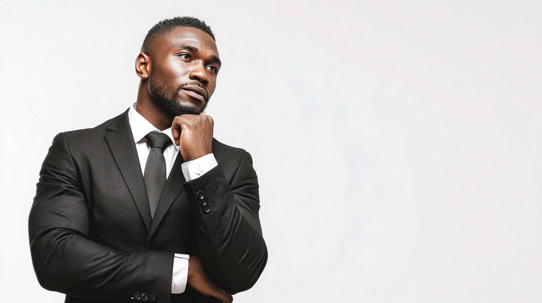 A man in a suit and tie standing with his hand on his chin photo