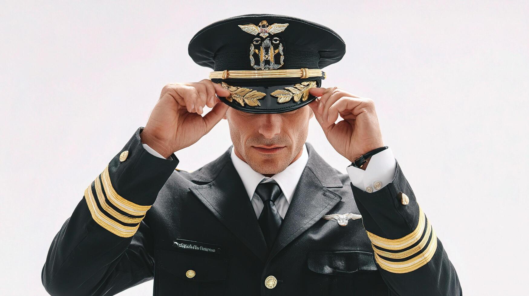 A man in a pilot uniform adjusting his hat photo