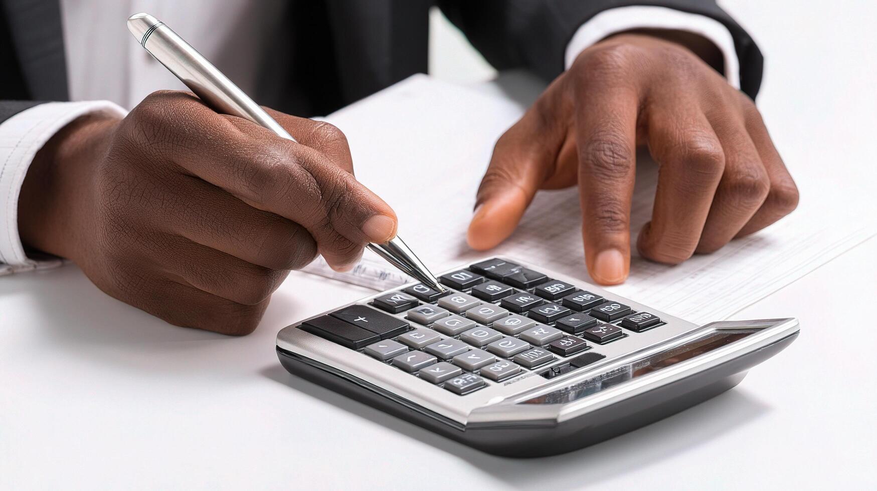 A man in a suit is using a calculator photo