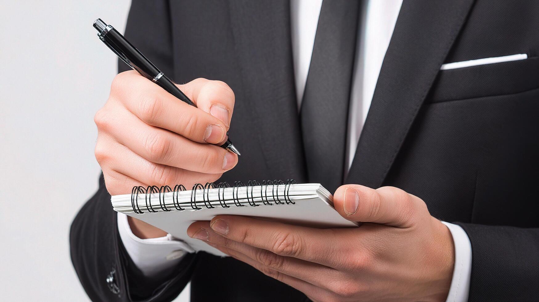 A man in a suit is writing on a notepad photo