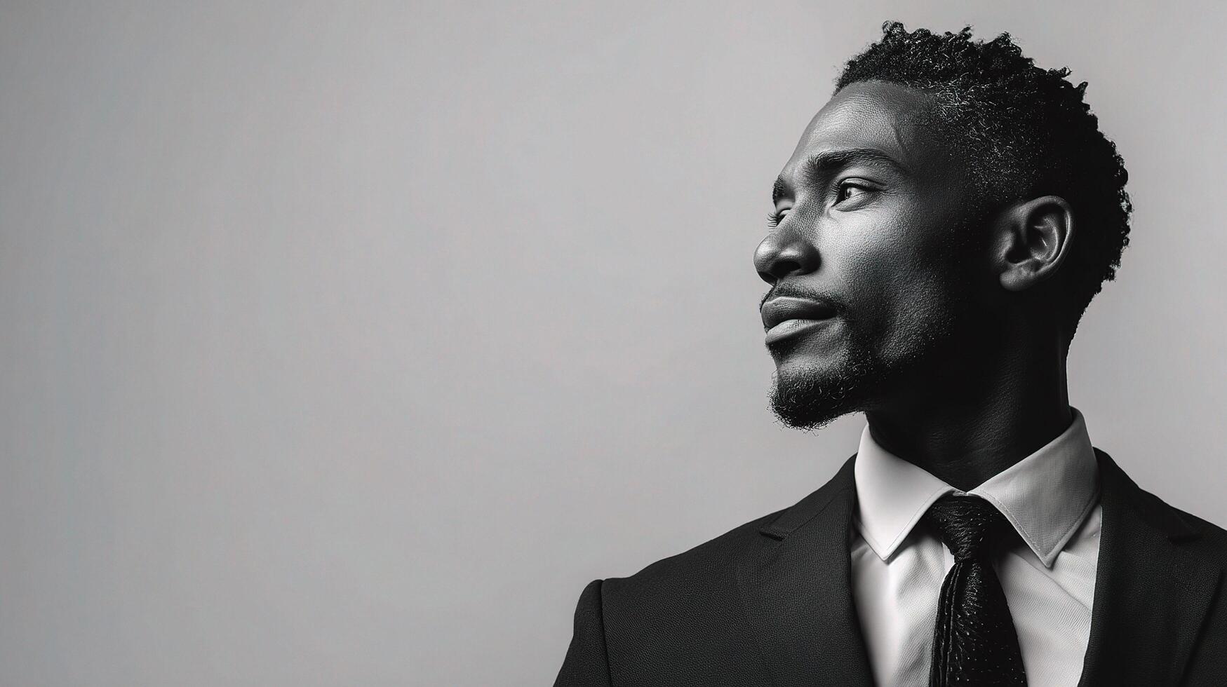 A black man in a suit and tie looking up photo