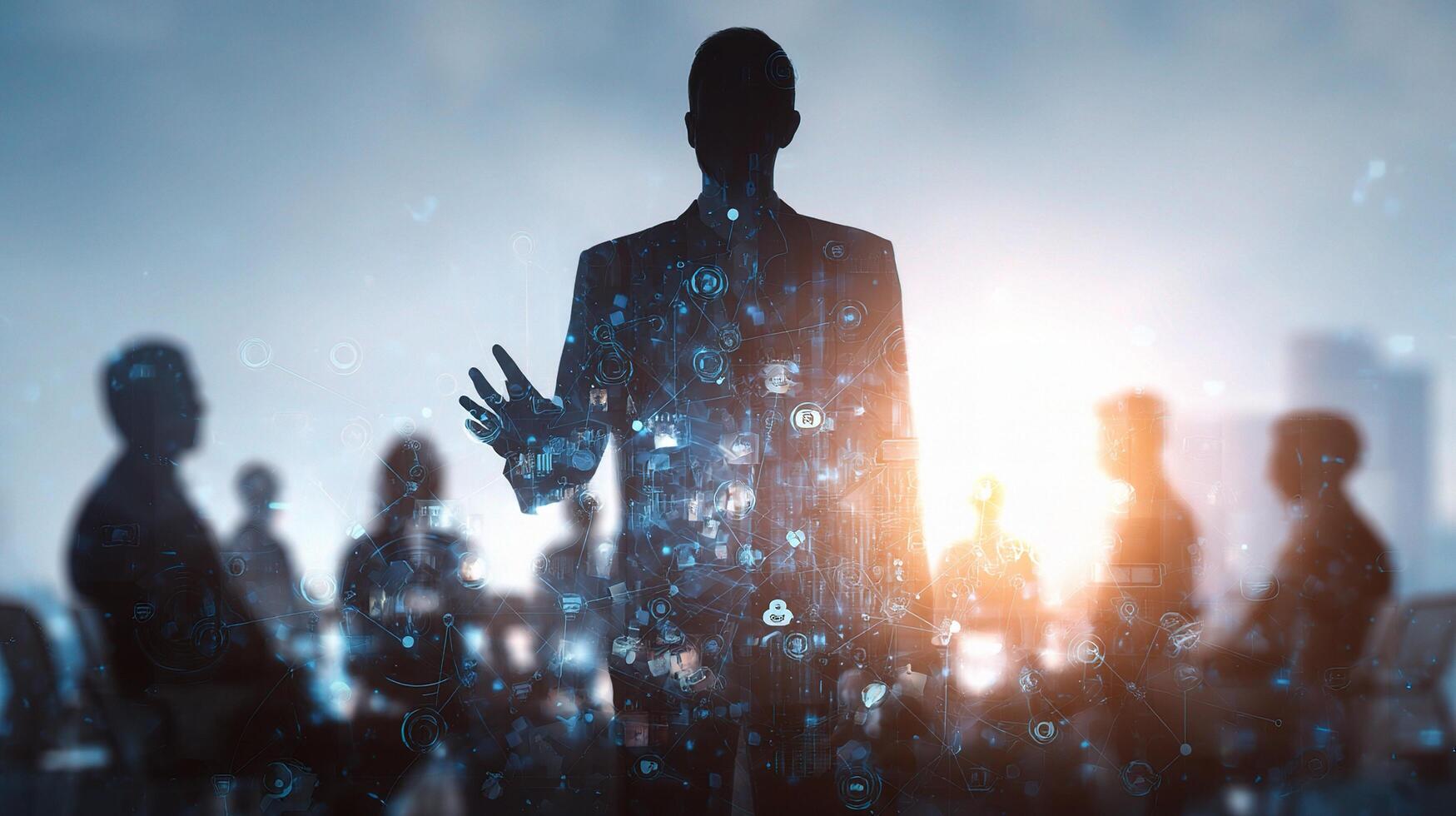Businessman in suit and tie standing in front of a group of people photo