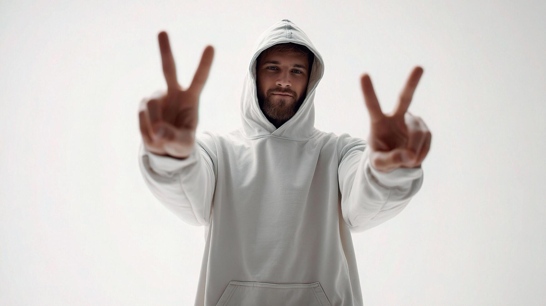 A man in a hoodie making the peace sign photo