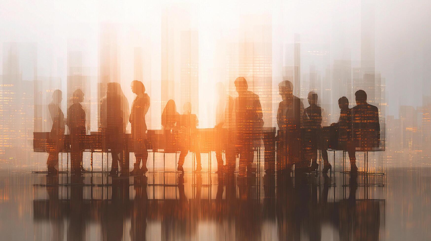 Business people standing in front of a table with city lights in the background photo