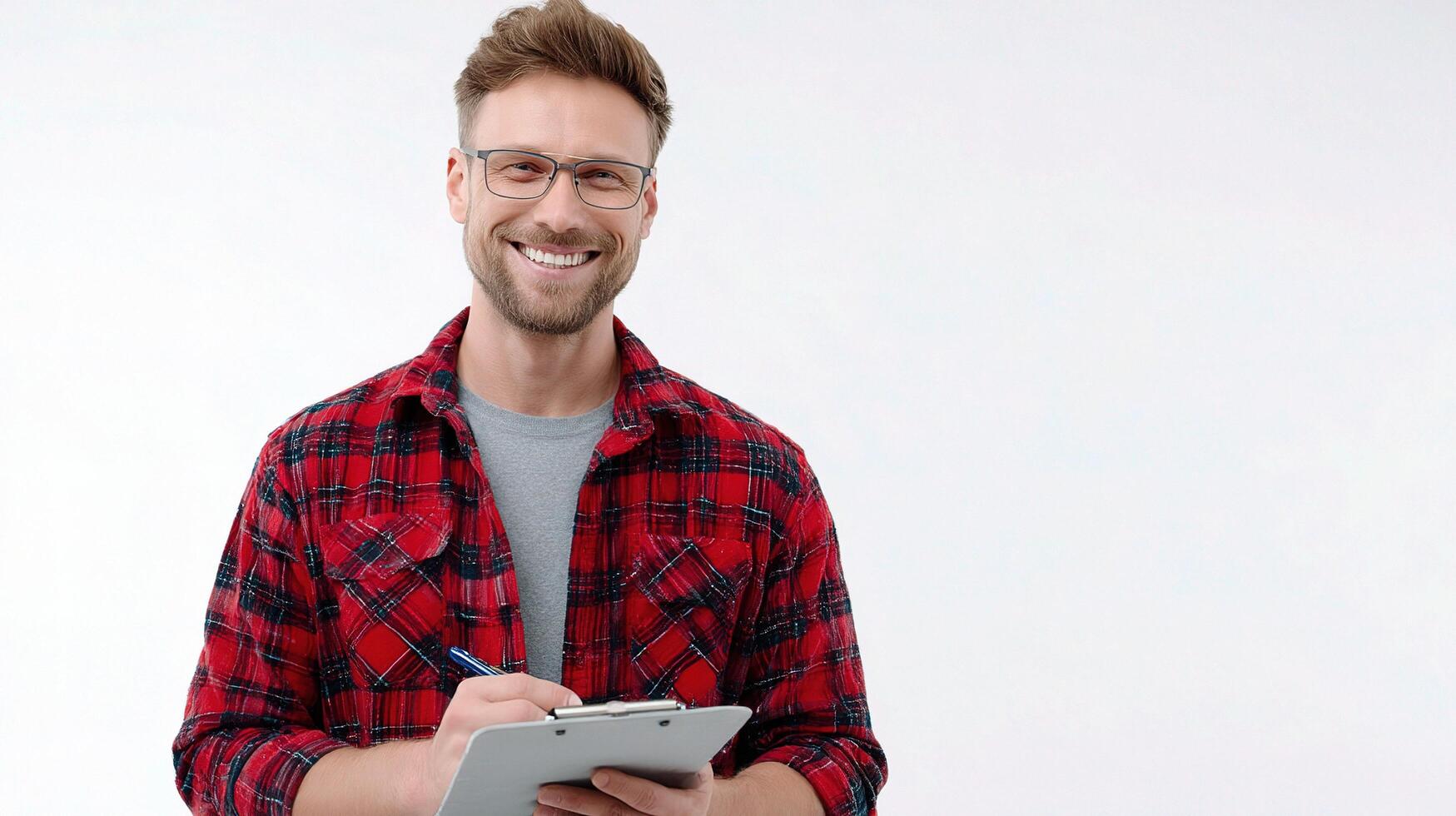 A man in a plaid shirt is holding a clipboard photo