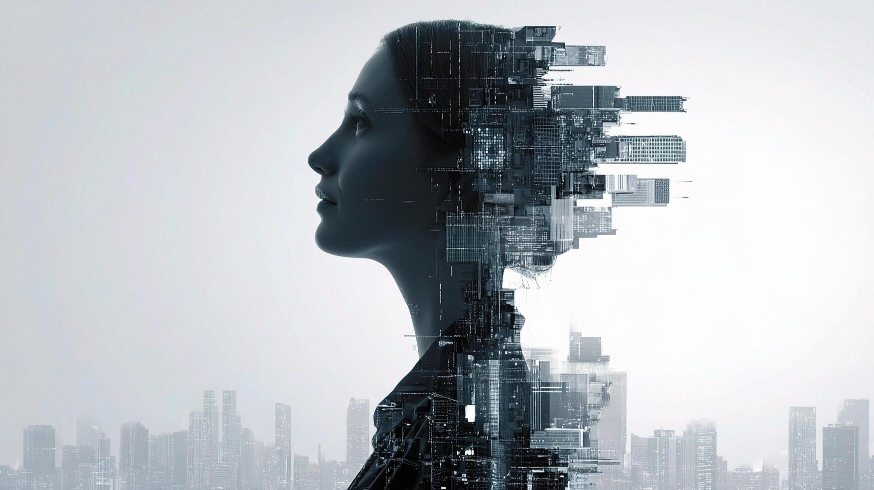 The woman's head is made up of a cityscape photo