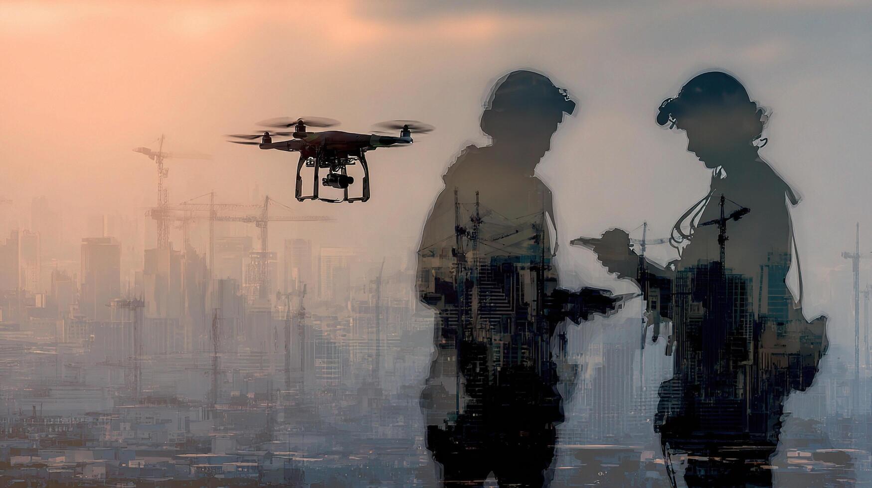 Two men standing in front of a drone in a city photo