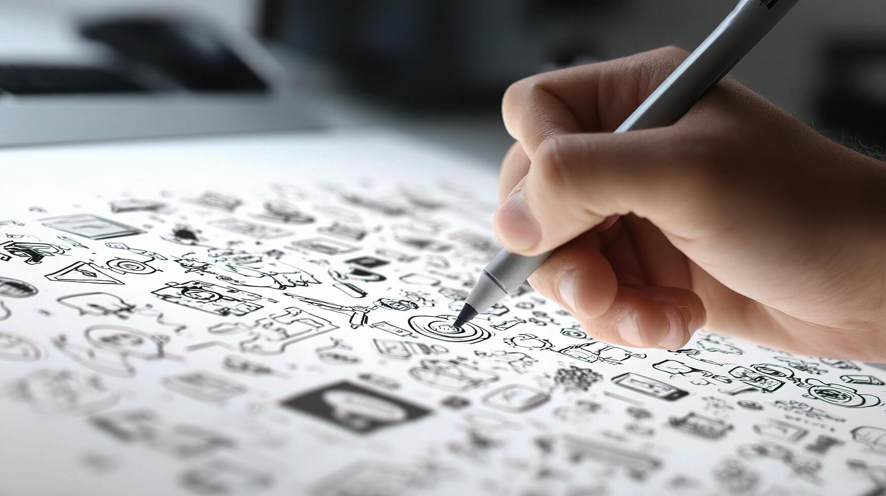 A person is drawing on a white sheet with a pen photo