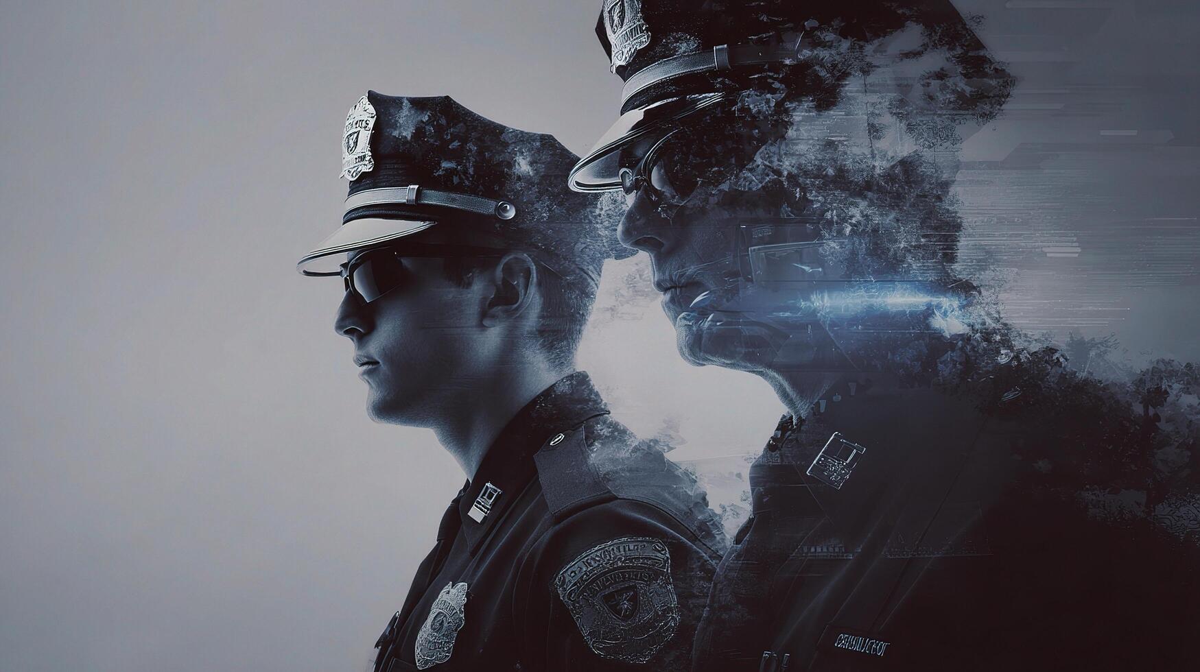 Two police officers are standing next to each other photo