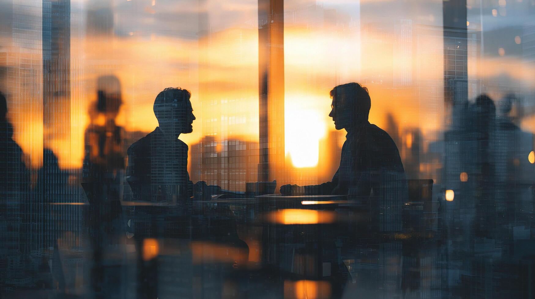 Two people sitting at a table in front of a city skyline photo
