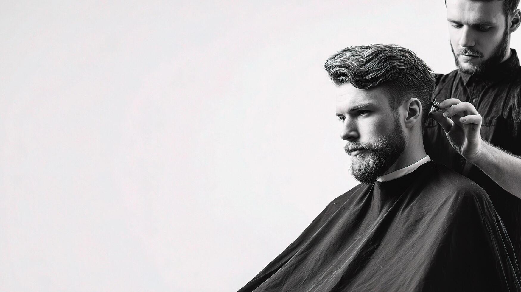 A man is getting his hair cut by another man photo