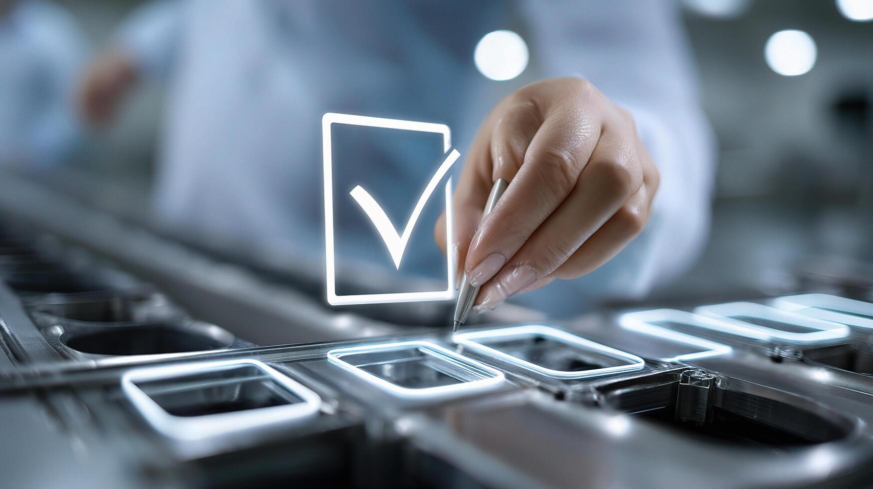 A person is touching a check mark on a machine photo