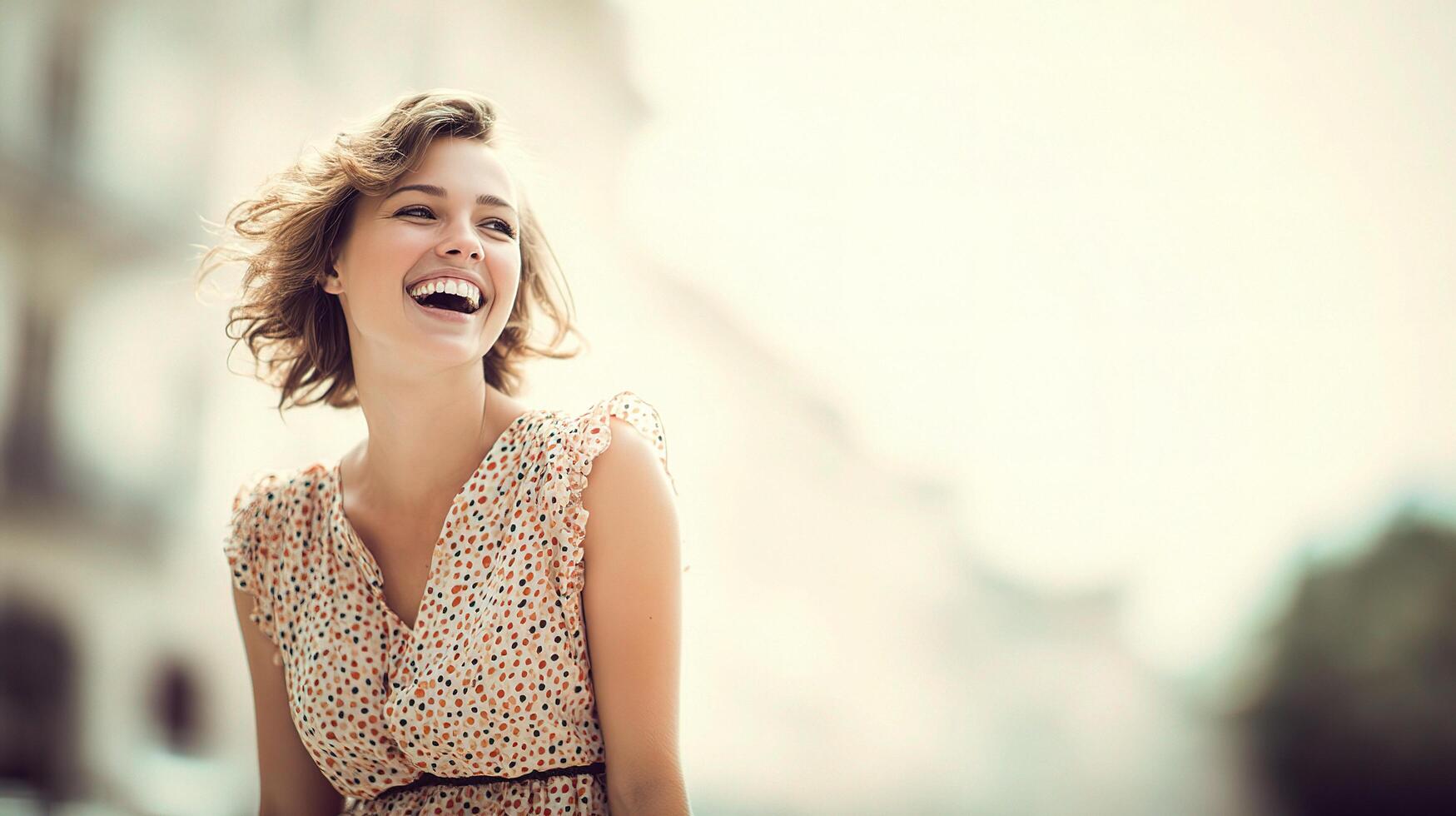 A woman is laughing while standing outside photo