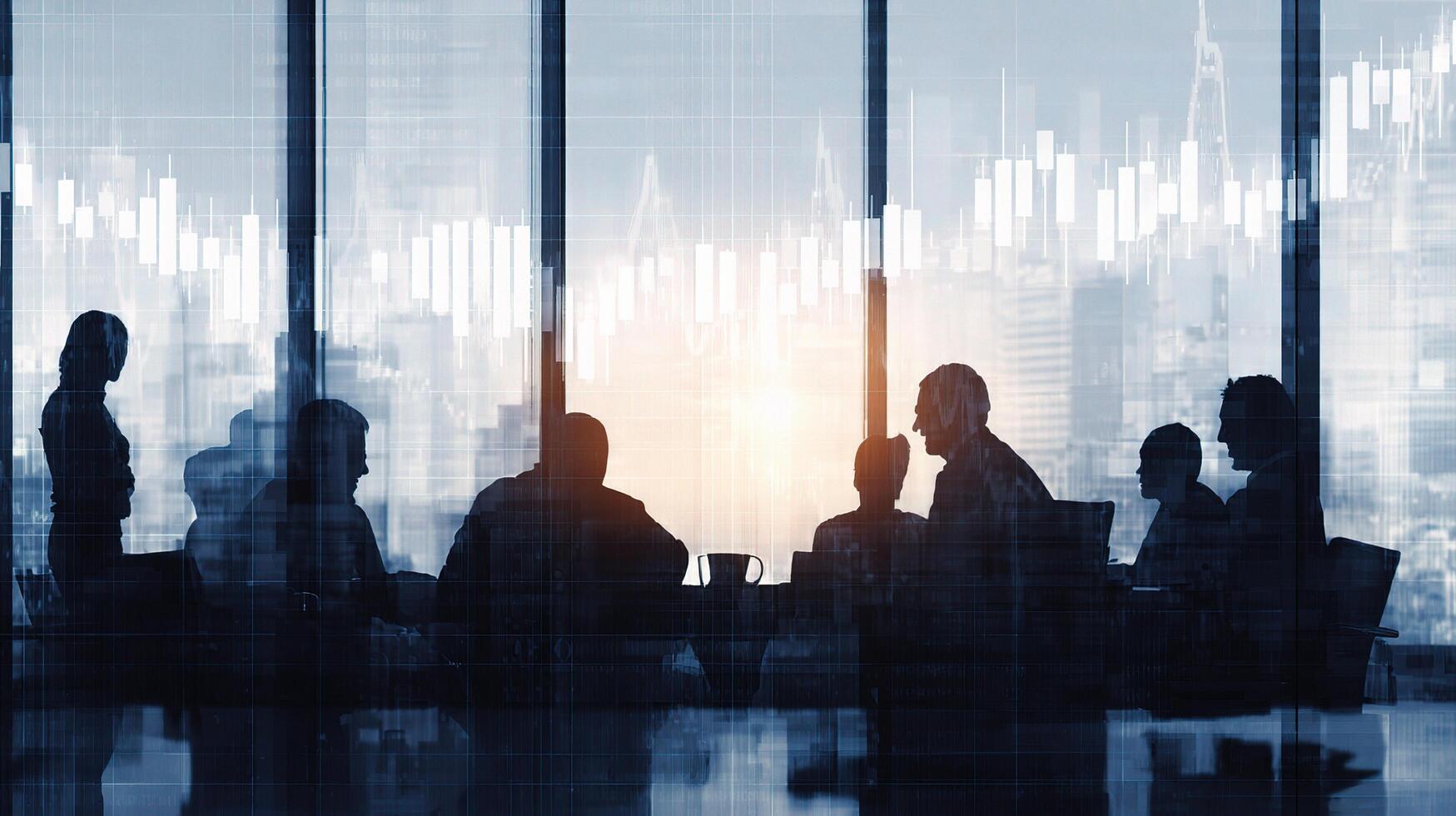 Business people in front of a window with a stock chart photo