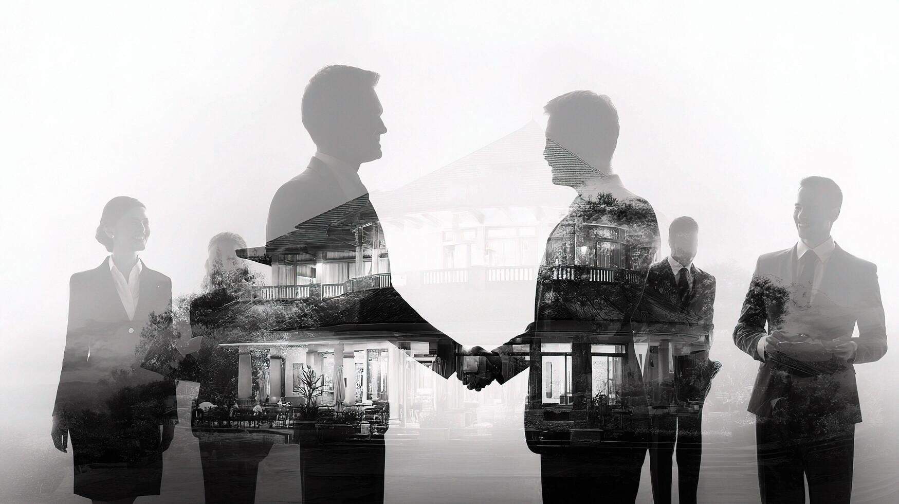 Business people shaking hands in front of a house photo