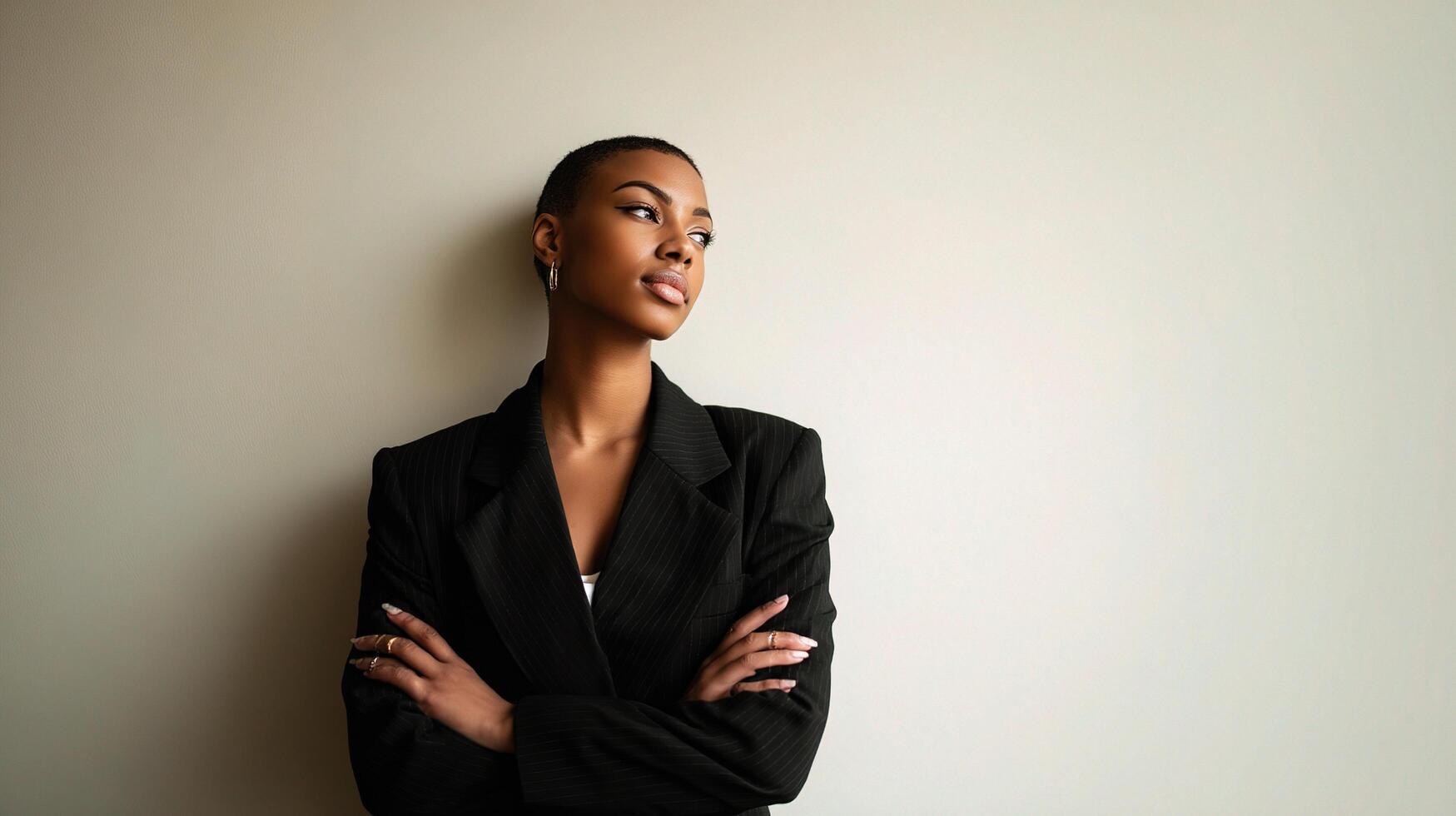 A beautiful young woman in a business suit leaning against a wall photo