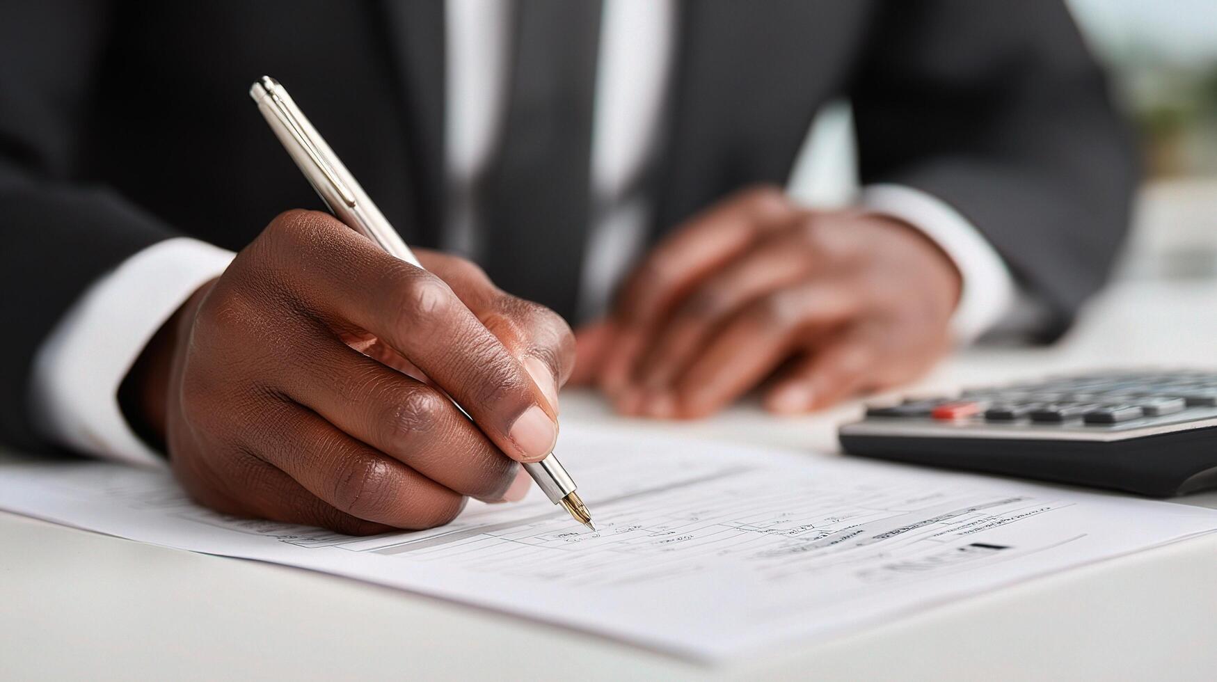 A man in a suit is signing a contract with a pen and calculator photo