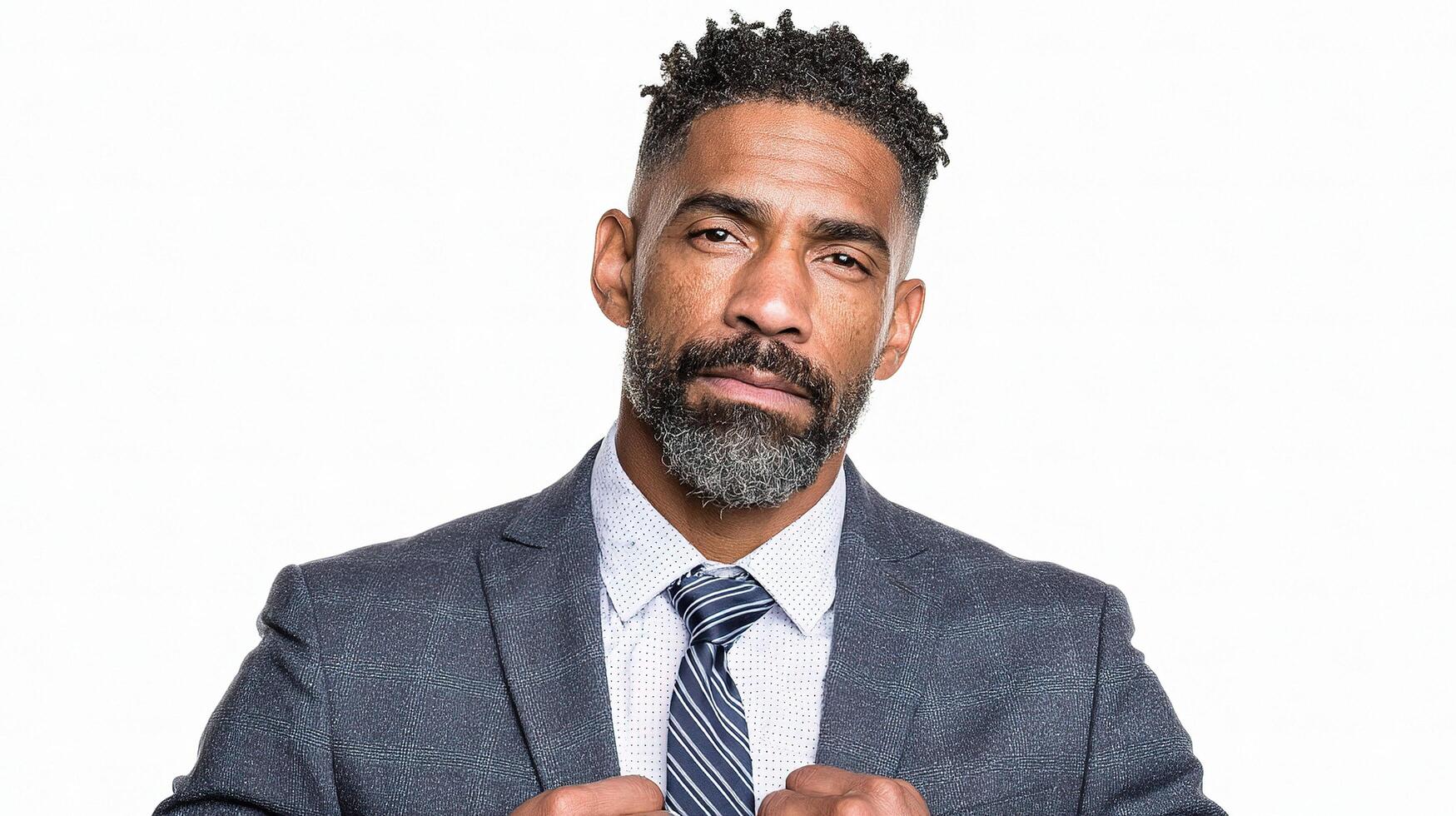A man with a beard and a suit is making a fist photo