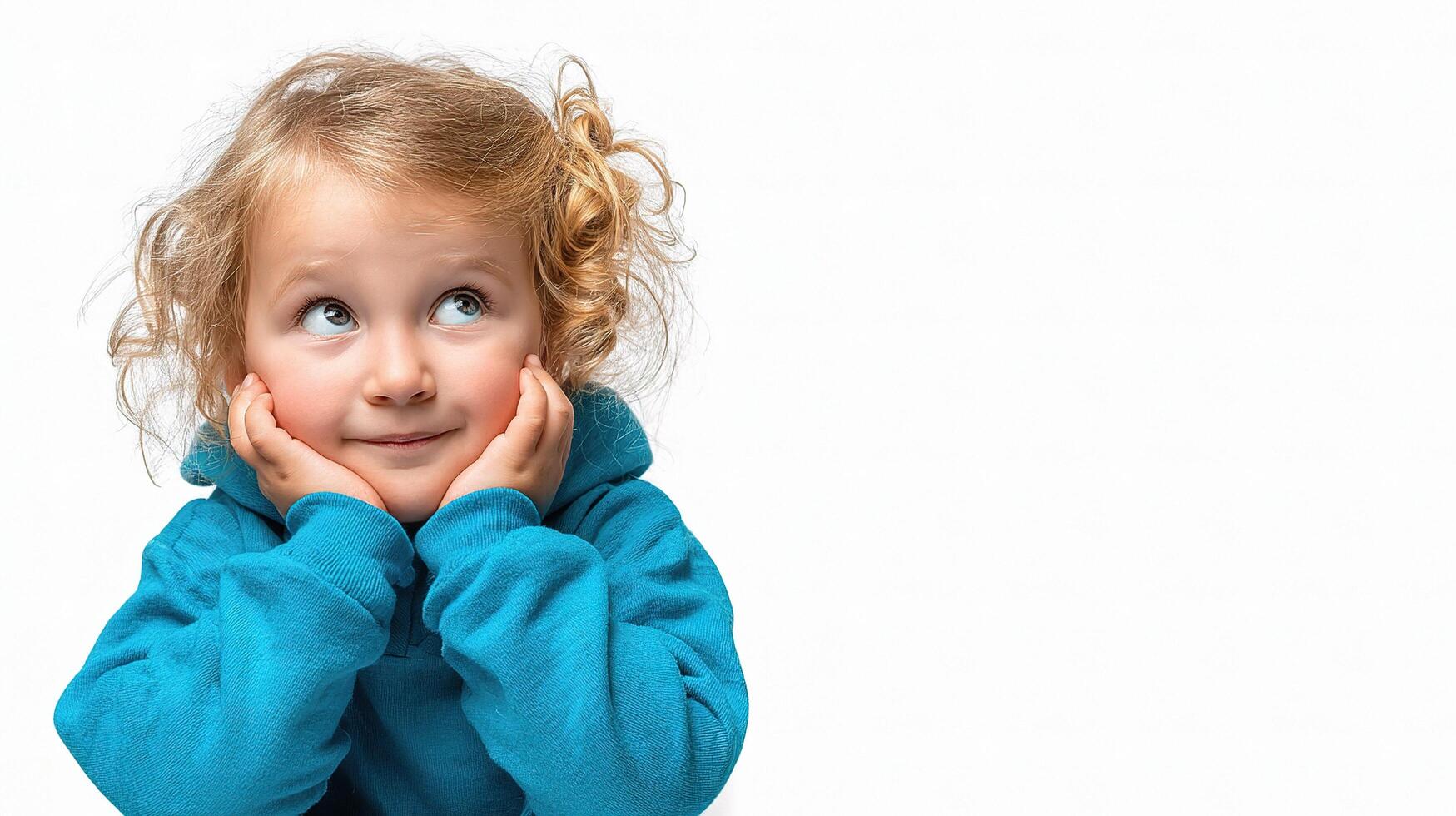 A little girl is sitting on the floor with her hands on her chin photo