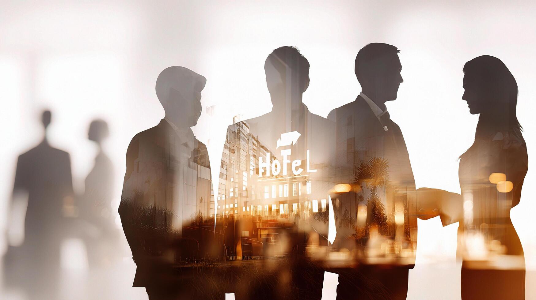 Business people in silhouette with hotel logo photo