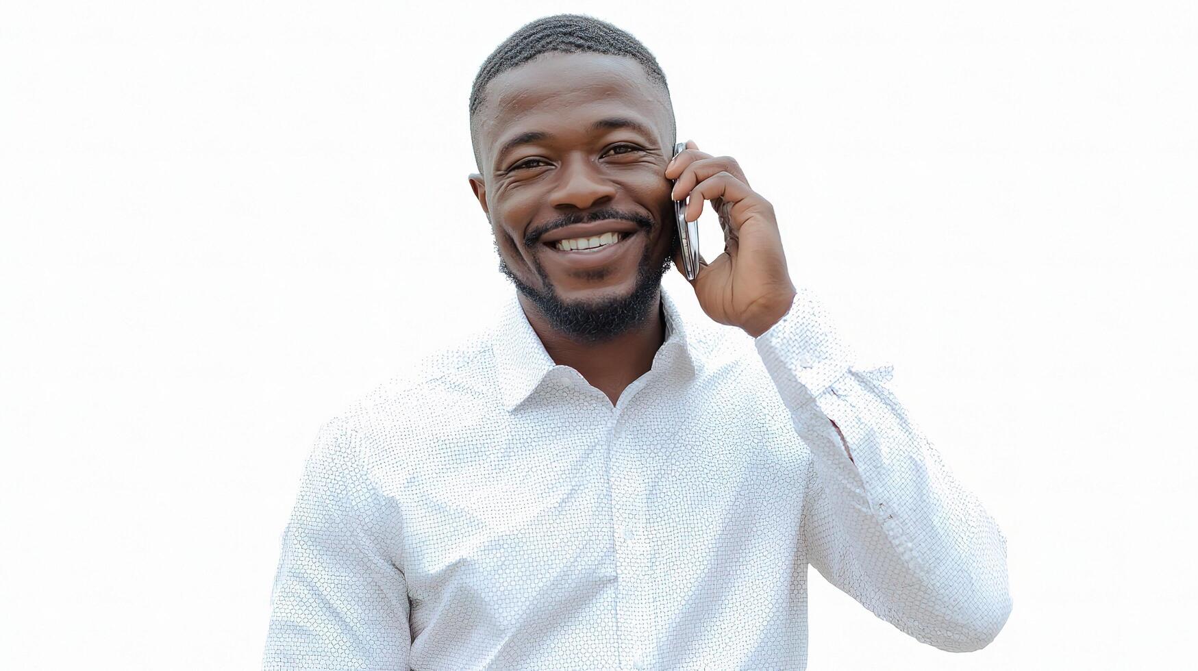 A man in a white shirt talking on a cell phone photo