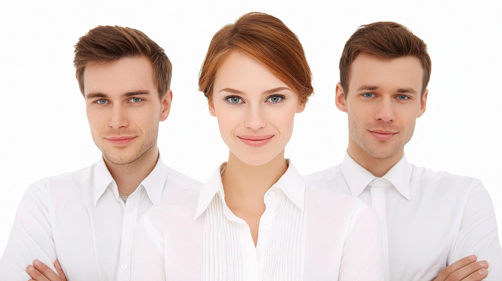 Three business people standing in front of a white background photo