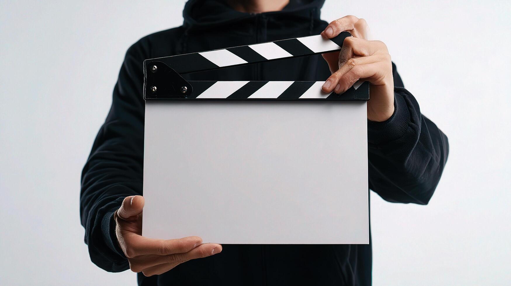 A person in a hoodie holding a clapper board photo