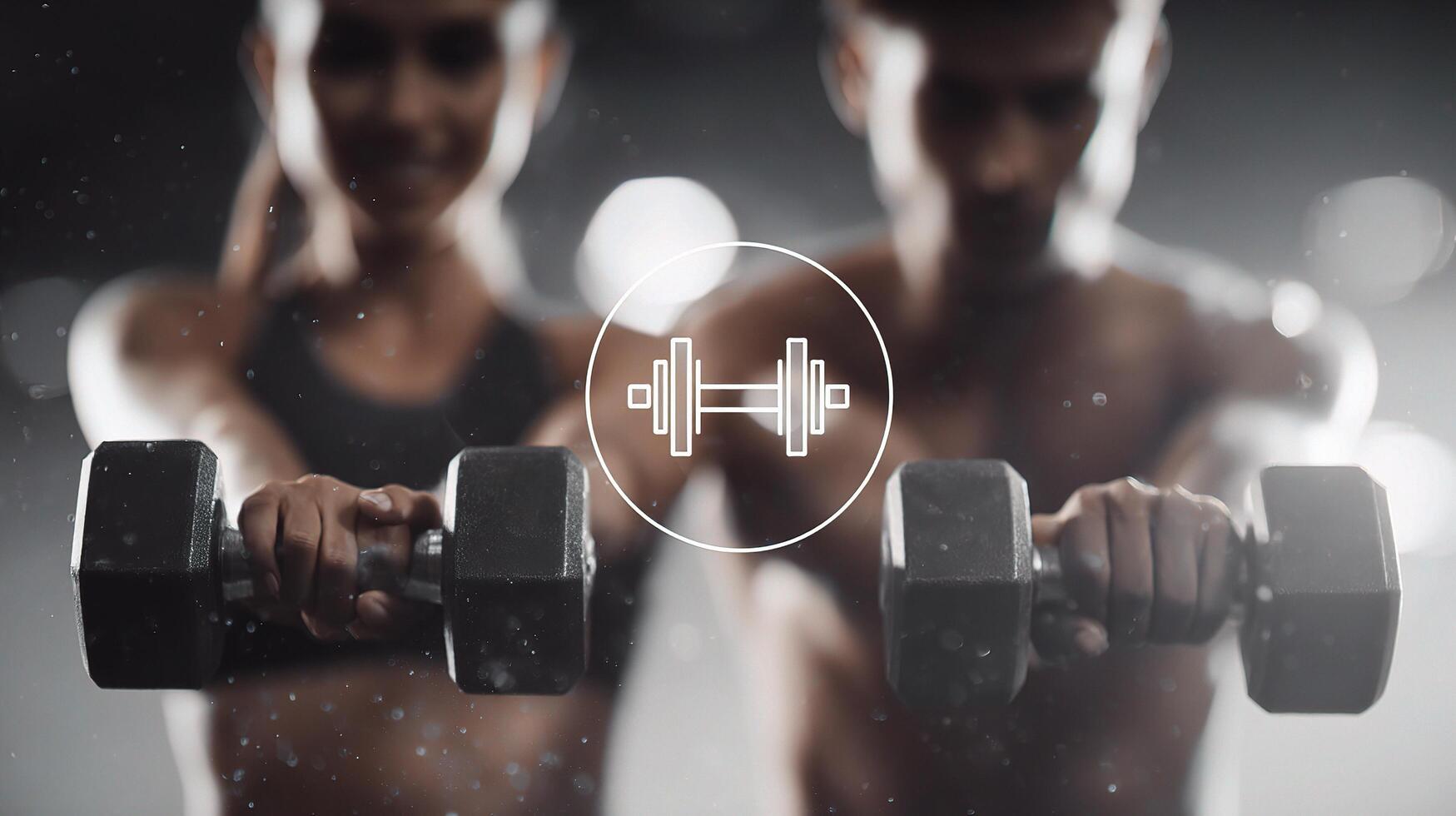 Two people holding dumbbells in front of a blurred background photo
