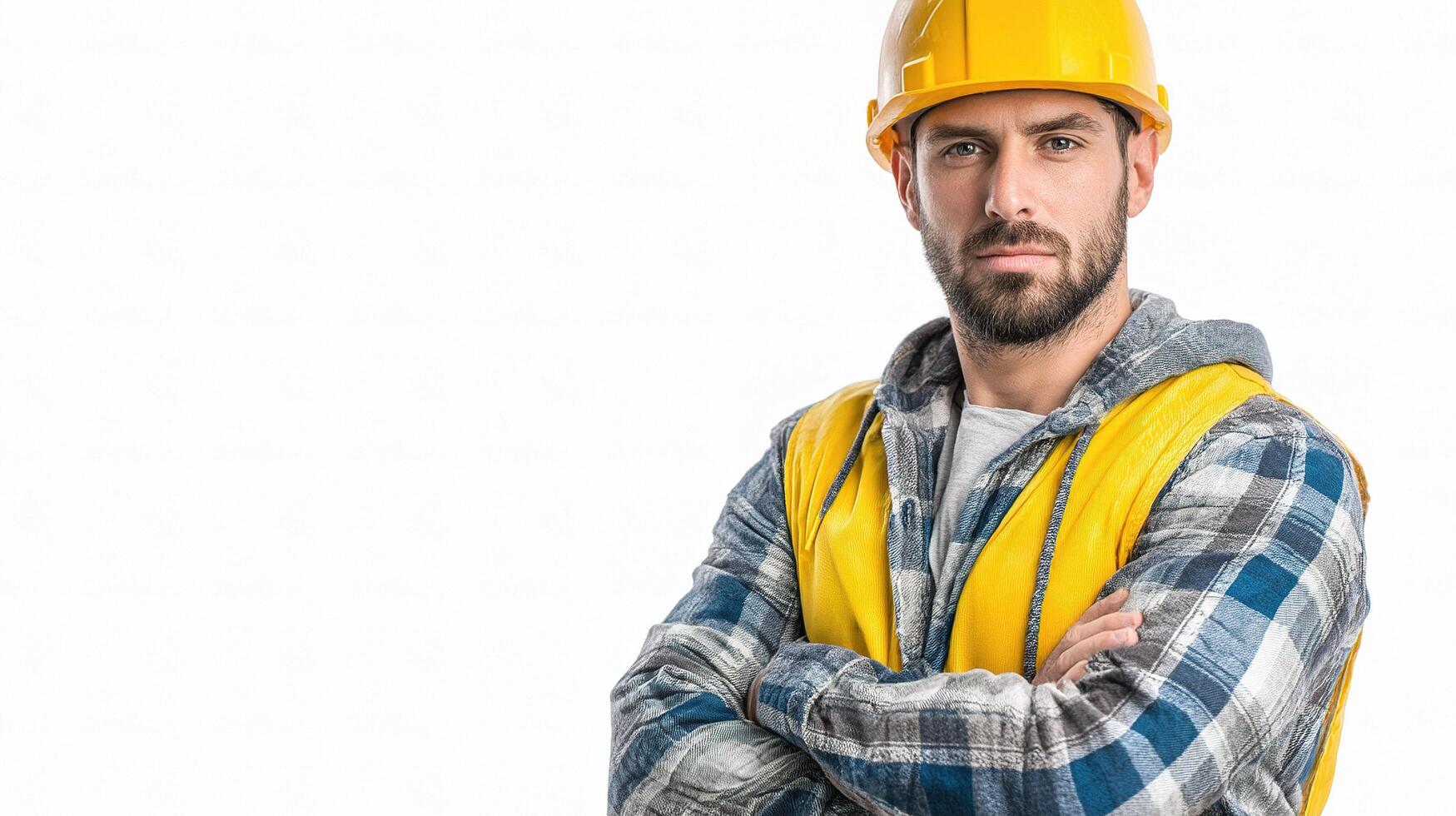 A man in a hard hat and vest with arms crossed photo