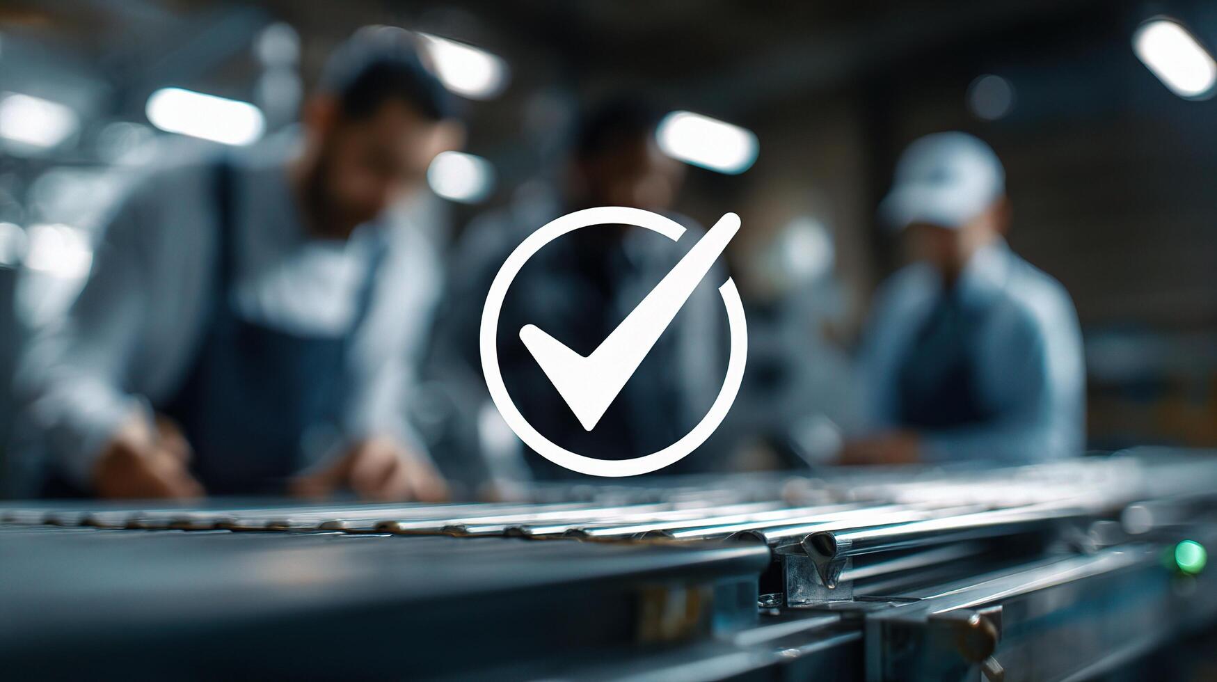 A check mark on a conveyor belt with people working photo