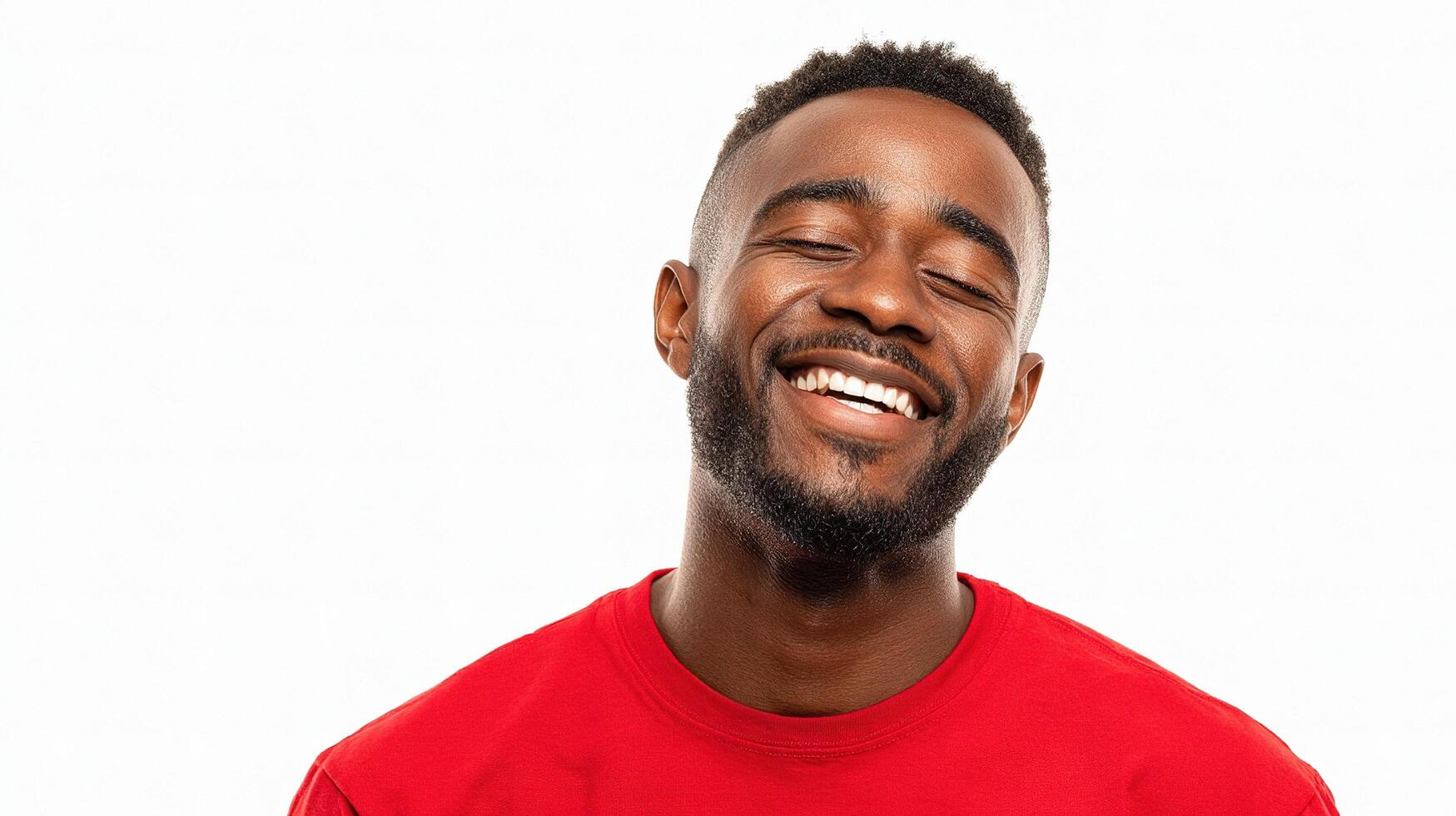 A man with a beard and a red shirt is smiling photo