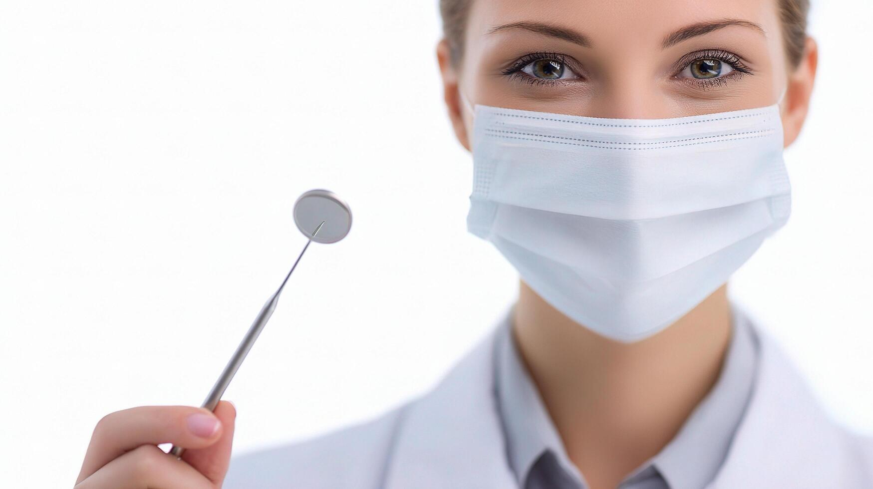 A woman in a white coat is holding a toothbrush photo