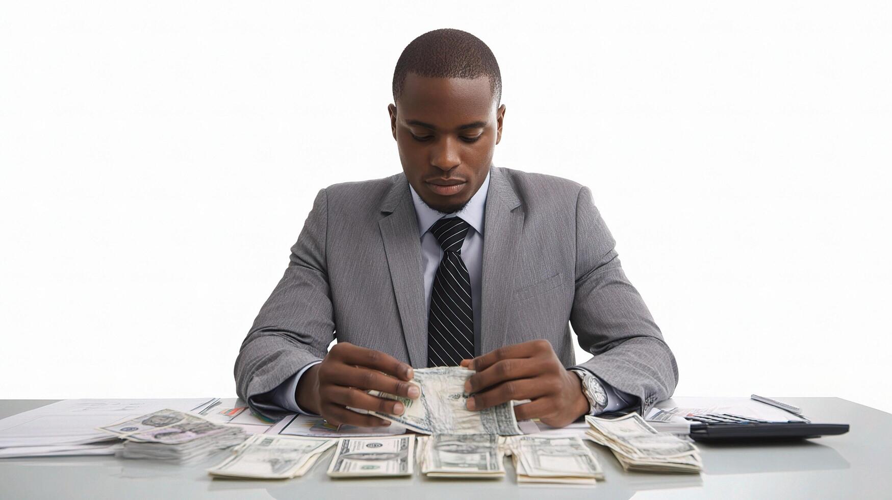 A man in a suit sitting at a desk with stacks of money photo