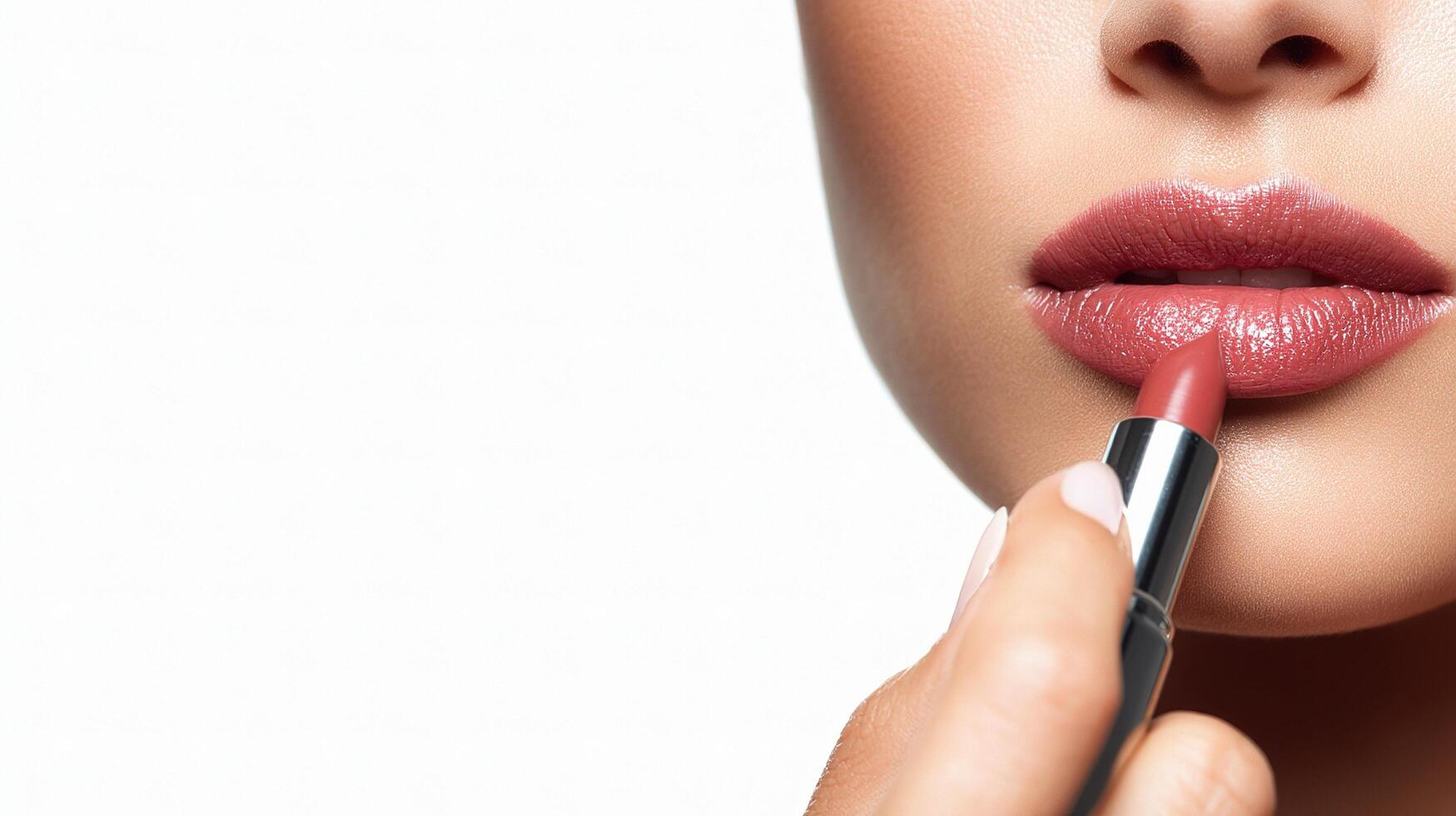 A woman is putting lipstick on her lips photo