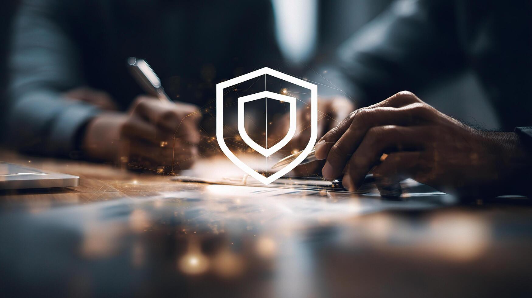 Business people working on a project with a shield logo photo