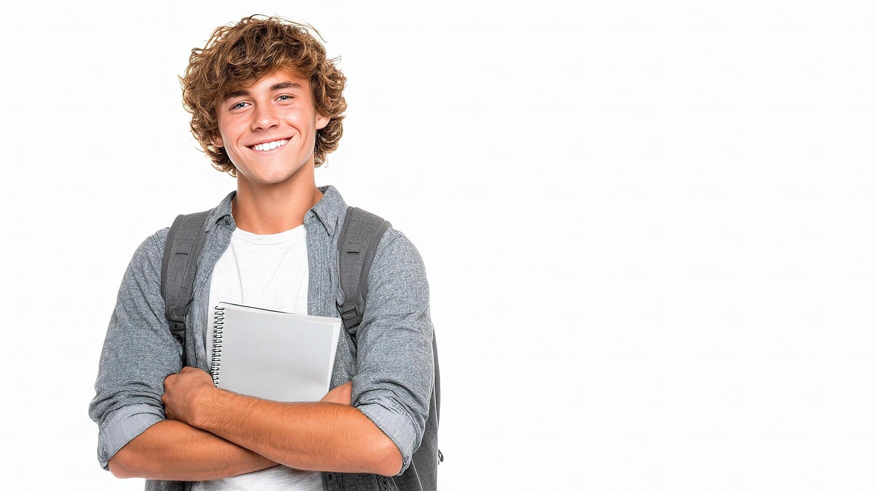 A young man with a backpack and notebook photo
