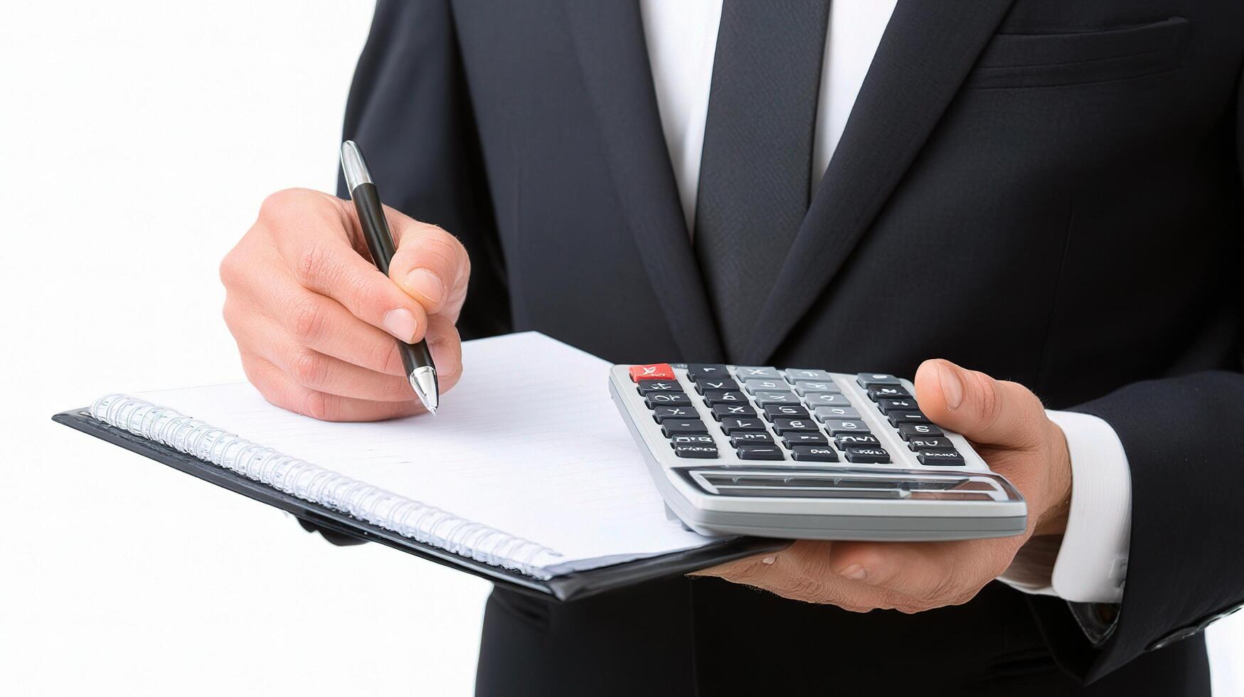 A man in a suit holding a pen and a calculator photo