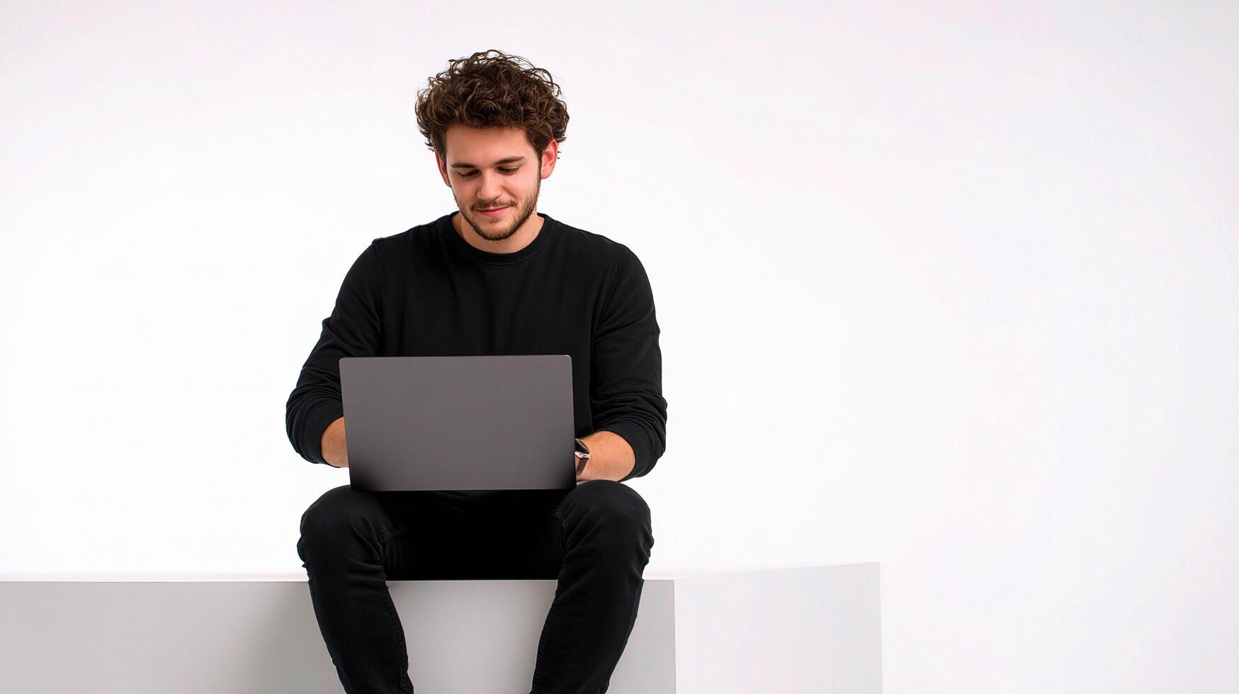 A man sitting on a white box with a laptop photo