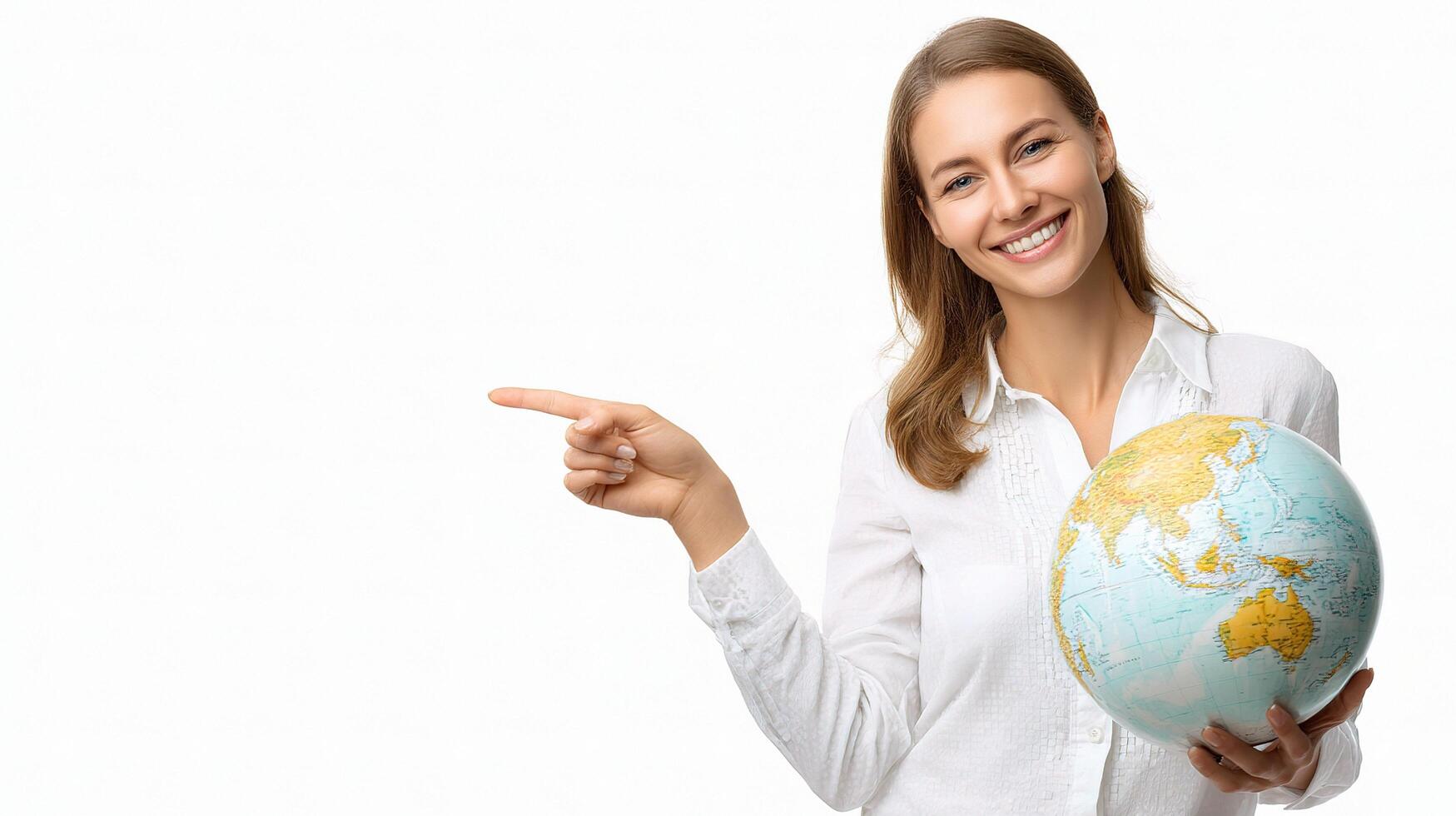 A woman holding a globe pointing at the camera photo